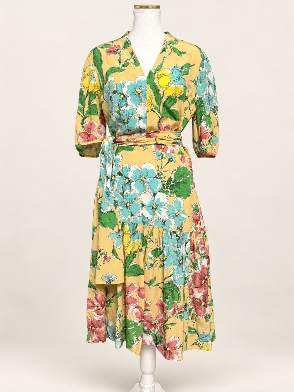 J. Peterman Silk Floral Faux Wrap Puff Sleeve Midi Dress Size S